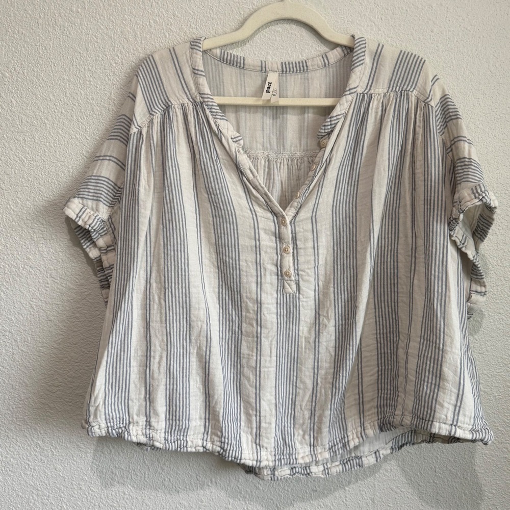 Pact Organic Cotton Striped Henley Blouse‎ Blue White Short Sleeve XXXL Boho